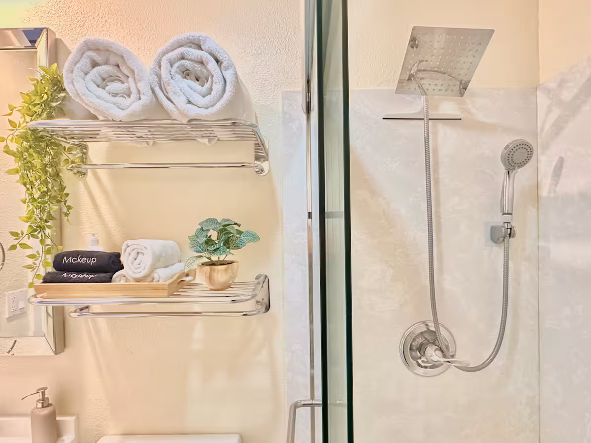 Bathroom towel shelf and rainfall shower